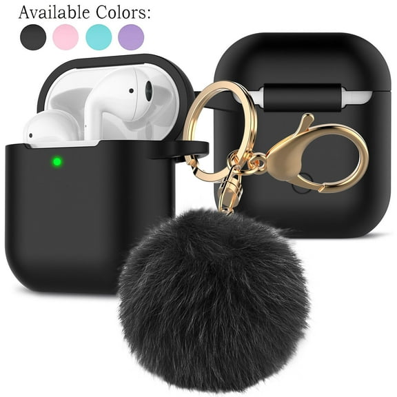 Airpod Case Cover for Apple Airpods 2&1 Charging Case, Takfox Cute Silicone Protective Accessories/Keychain/Pompom for Girls and Women, Black