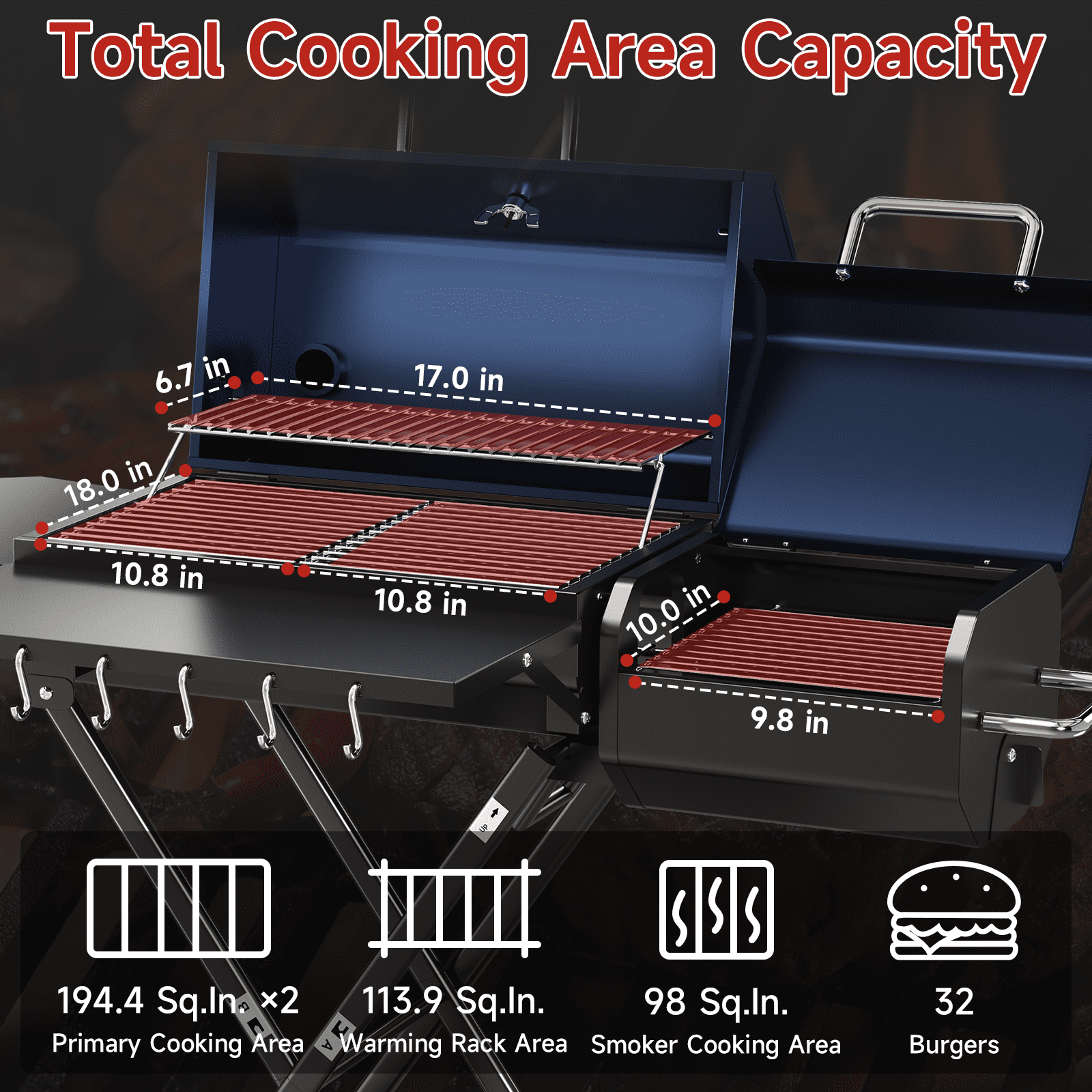 KScocina Barrel Charcoal Grill with Offset Smoker, 2-in-1 Foldable Suitcase BBQ Combo, 600 sq. in. with Waterproof Cover, for Outdoor Grilling and Backyard Cooking,Blue