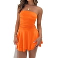 thumbnail image 2 of Women Tube Top Silk Dress Strapless Ruched Basque Waist Ruffle Layer Mini Dress Jumpsuit Party Dresses Orange Color S, 2 of 9