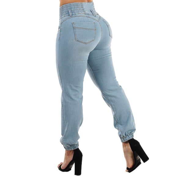 Moda Xpress Women's Juniors Butt Lift 3 Button Spandex Waist Jogger Jeans Light Wash 10160X