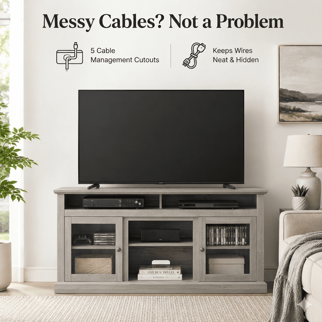 Aukfa 60" Farmhouse TV Stand for TVs up to 65", Wood Entertainment Center, Cable Management, Gray