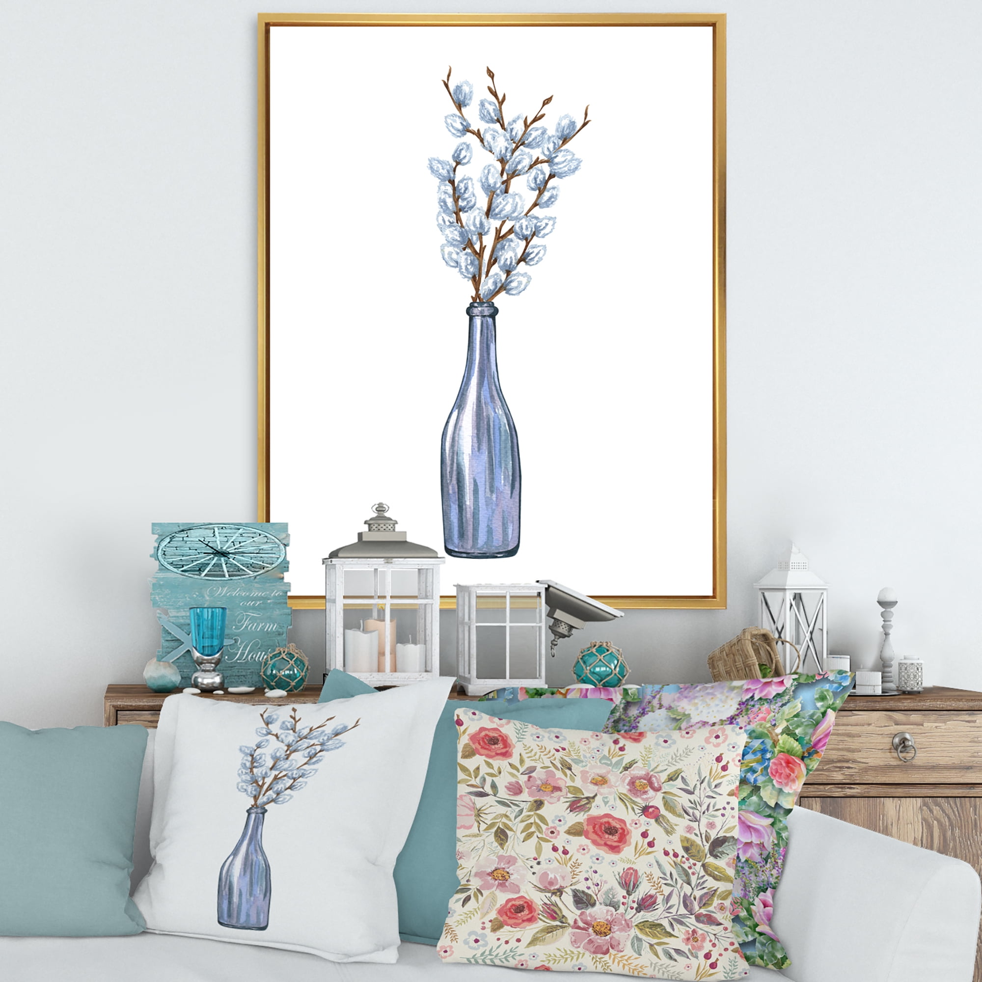Designart 'Bunch of White Pussy Willow Twigs II' Farmhouse Framed Canvas Wall Art Print