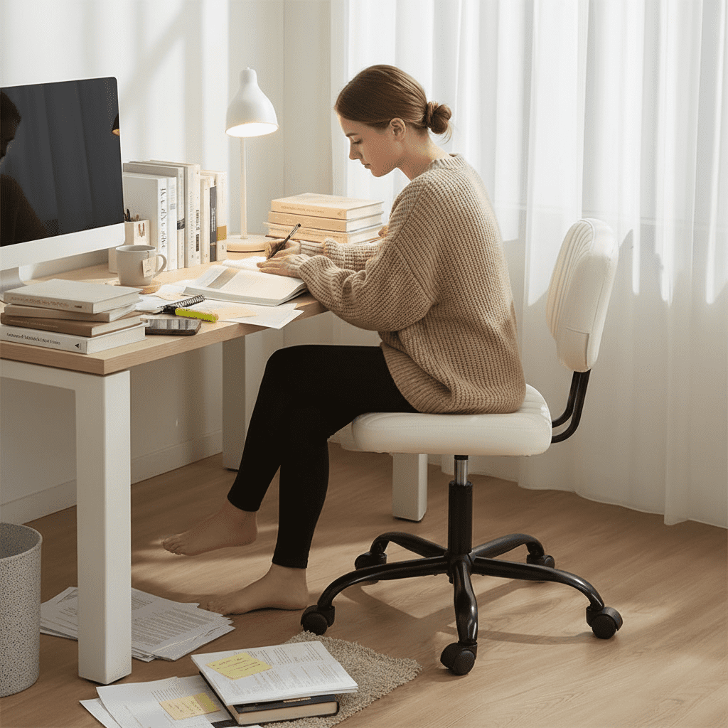 Desk Chair, Armless Activity Chair with Wheels, Comfy Low Back Swivel Task Chair, White