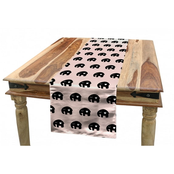 Ethnic Table Runner, Elephant Silhouette Pattern with Wink Eyelash Details and Heart, Dining Room Kitchen Rectangular Runner, 3 Sizes, by Ambesonne