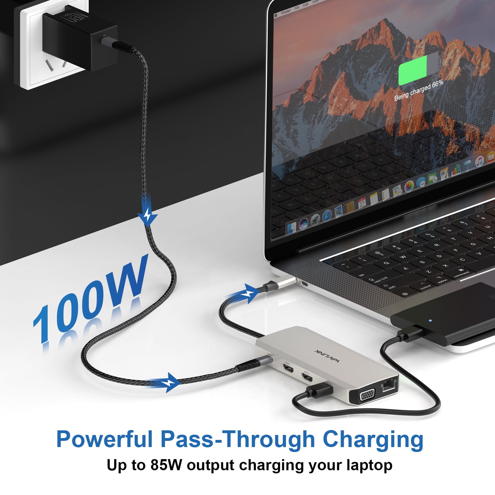 Wavlink USB C Dock 85W Charger USB C Hub, Dual Monitor 4K@30Hz HDMI, 2K@60Hz VGA, USB 3.0, USB 2.0, SD/TF, Gigabit Ethernet