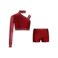 thumbnail image 2 of Miutii Kids Girls Dance Outfit 2 Piece Shiny One Shoulder Crop Top with Shorts Gymnastics Yoga Workout Activewear Burgundy 8, 2 of 4