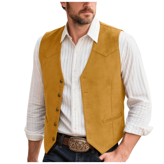 TOWED22 Men's Suede Leather Vest Cowboy Western Waistcoat Casual Slim Fit Suit Vest(Gold,XL)