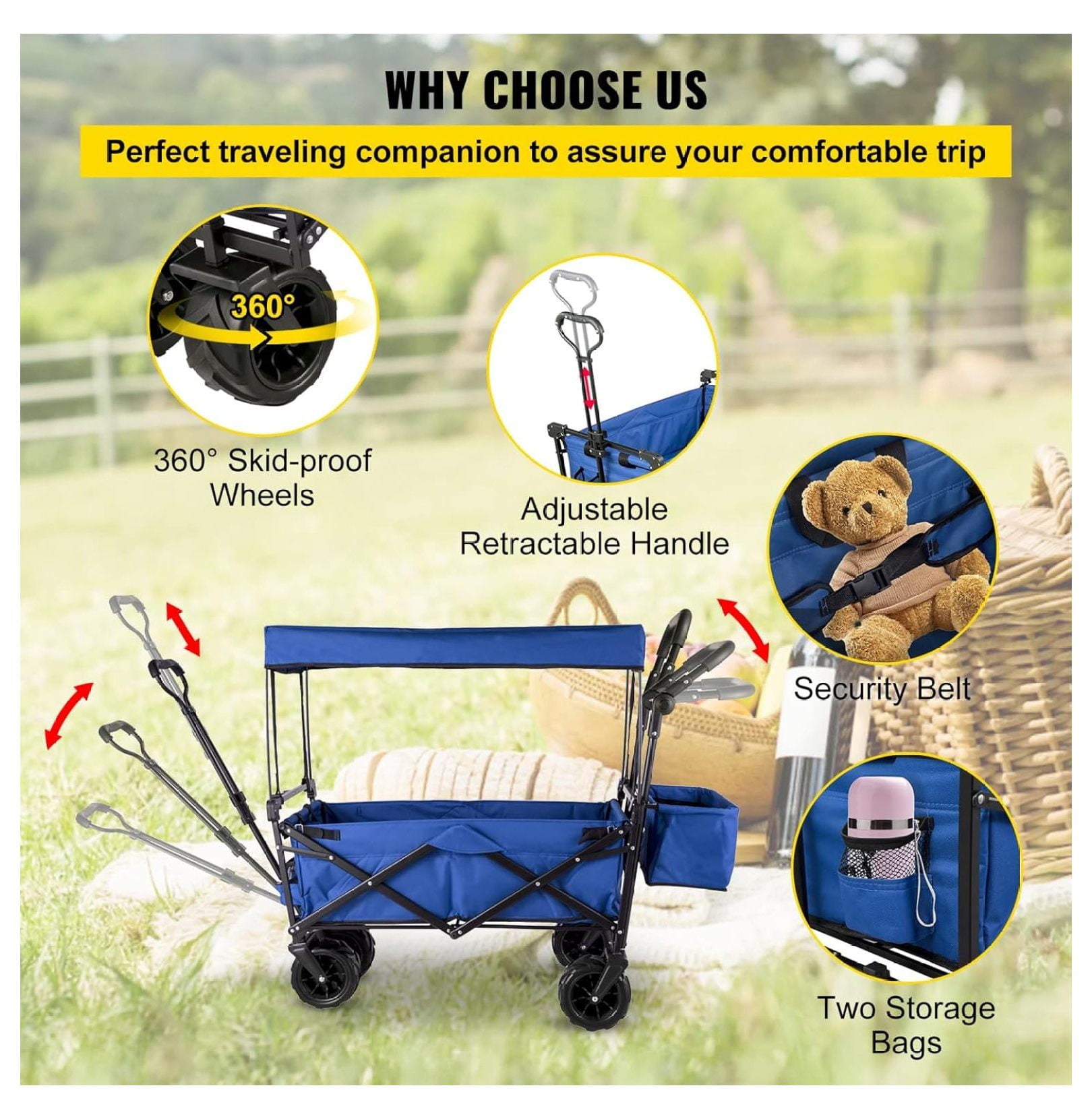 Collapsible Wagon with Canopy, 220lbs Foldable Wagon, Beach Wagon Cart with Big Wheels and Canopy with Adjustable Push Pulling Handles