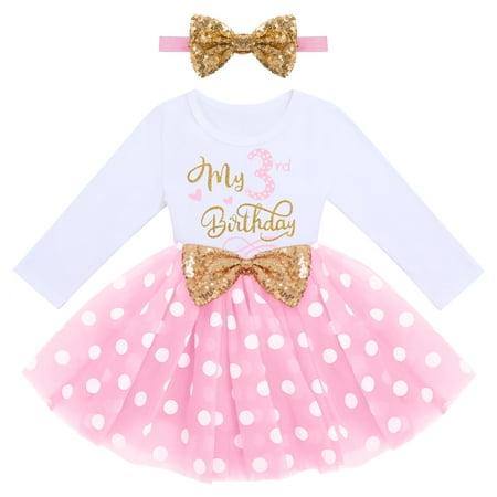 

IBTOM CASTLE Baby Girls My 1st 2nd 3rd Birthday Polka Dots Dress with Headband Long Sleeve Sequin Princess Tutu Cake Smash One Party Gown 3 Years Pink Dots