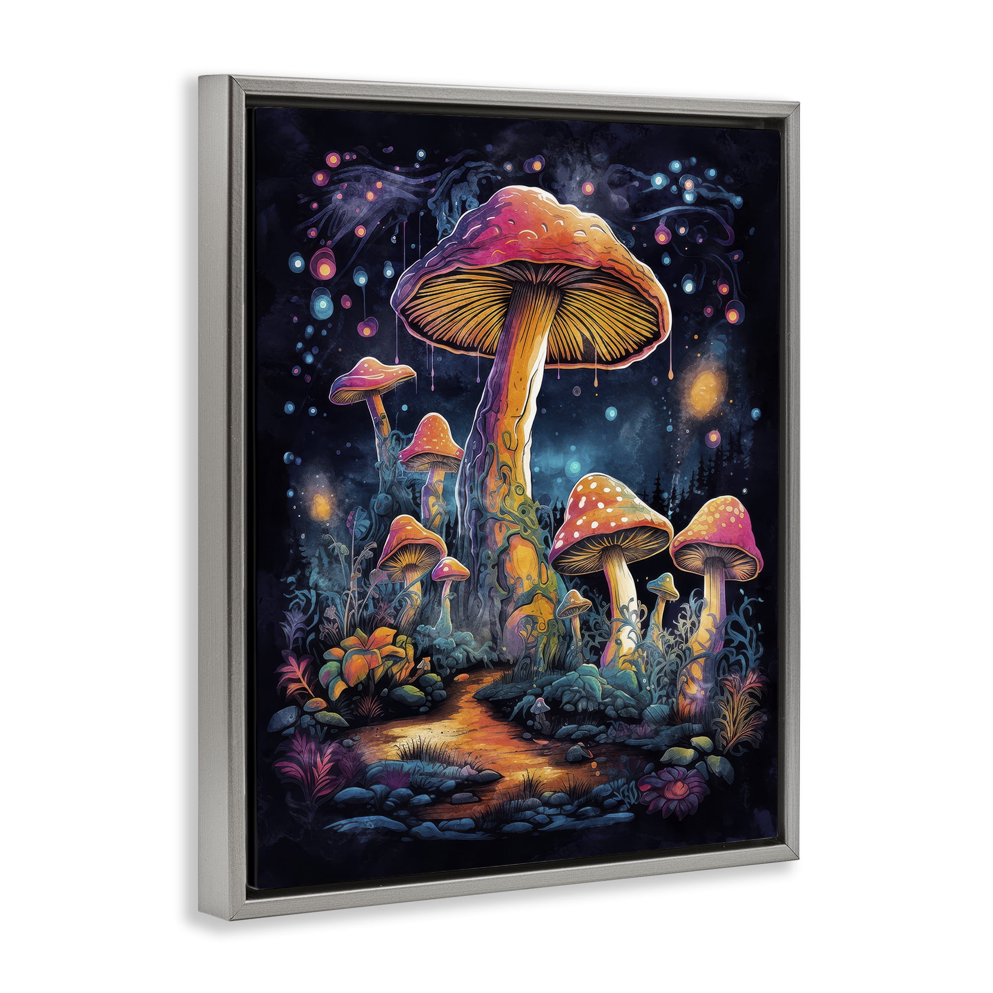 Stupell Industries Psychedelic Mushrooms Nature Landscape & Nature Painting Gray Floater Framed Canvas Art Print Wall Art, 17 x 21