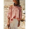 thumbnail image 5 of Niusricy Women Solid Basic Ruffled Blouse Ladies Elegant Off-Shoulder Boat Neck Shirts Half Puffy Sleeves Tunic Tee Loose Flowy Fit Tops Fashion Casua Streetwear for Shopping Holiday Leisure, 5 of 7