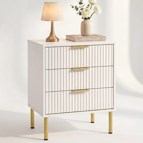 VITALOOM 3 Drawer Fluted Nightstand, Wood Fluted Bedside Table for Bedroom, White