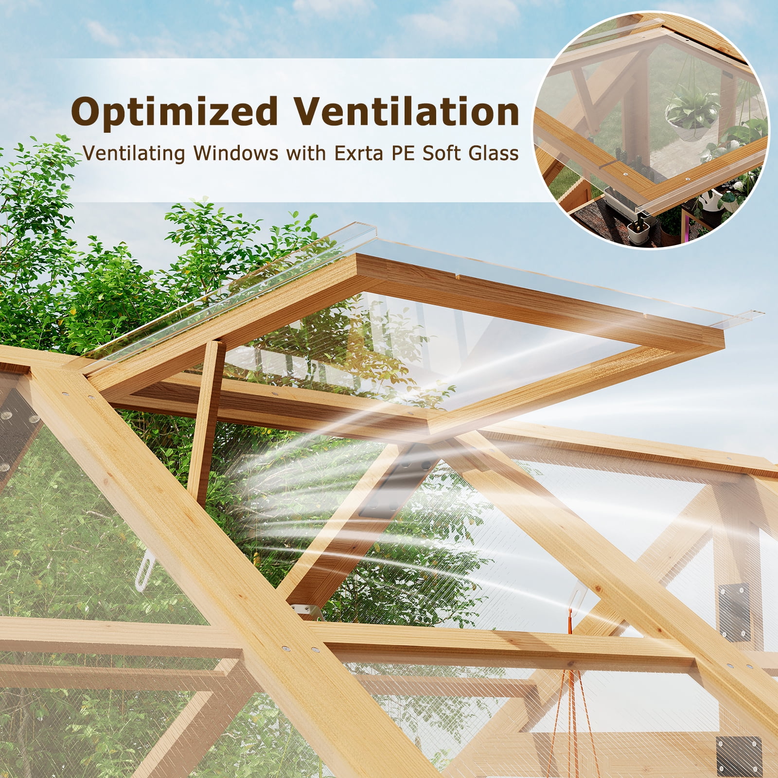 Erommy 6'x8' Outdoor Wooden Greenhouse, Walk-in Green House with Thickend PC Panel, Adjustable Windows, 12/16 Plant Hooks and Lockable Door for Garden,Backyard