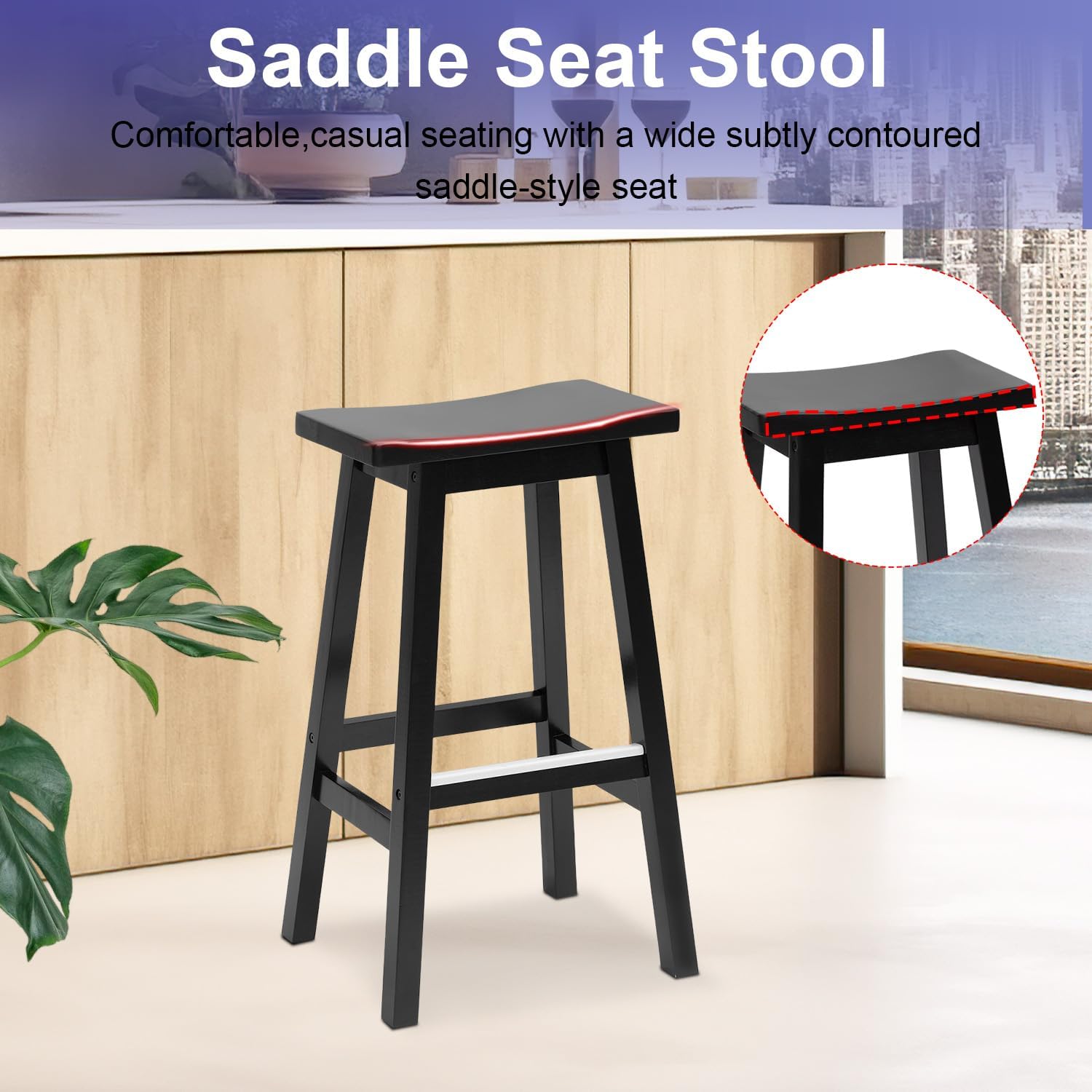 FDW Bar Stools Set of 2 for Kitchen Counter Solid Wooden Saddle Stools 30-Inch Height (Black, 30 in)