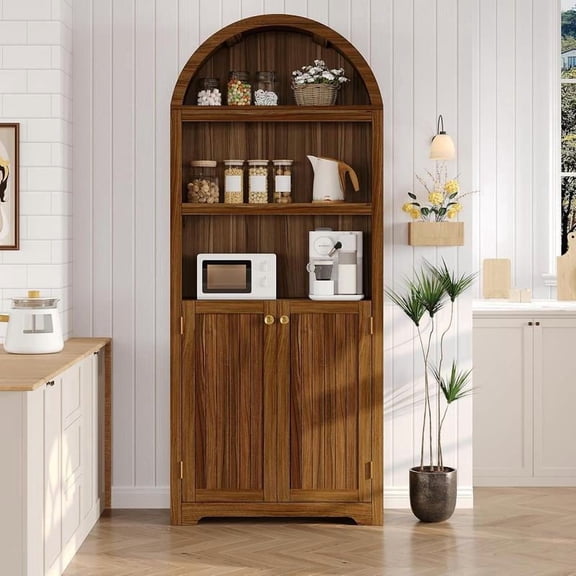 72 Inch Tall Walnut Arched Wooden Bookcase Cabinet, Double Door Adjustable Shelf 5-Tier Storage Shelving for Living Room Bedroom Office