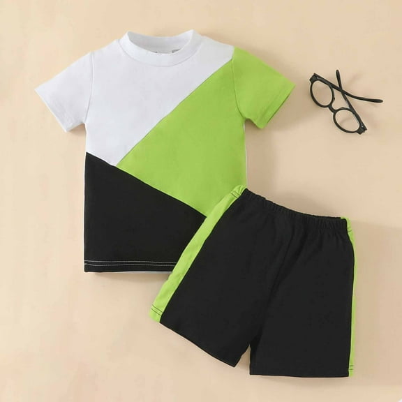 Honeeladyy Toddler Baby Boy Summer Clothes Summer Children's Color Matching Short Sleeved Top And Shorts Set Boys' Patchwork Short Sleeved T-shirt And Shorts Set