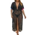 thumbnail image 2 of Plus Size Women's Sheer Lace Tie-Waist Long Kimono, Open Front Crochet Cover-Up with Slit Sides and Short Sleeves, Lightweight Swimwear Tunic for Beach, Pool and Vacation Black Free Size, 2 of 5