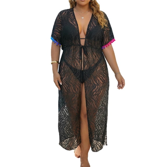 Lovskoo Plus Size Women Sheer Lace Beach Cover Up Drawstring Waist Bikini Swimsuit Shawl Lightweight Crochet Knit Summer Vacation