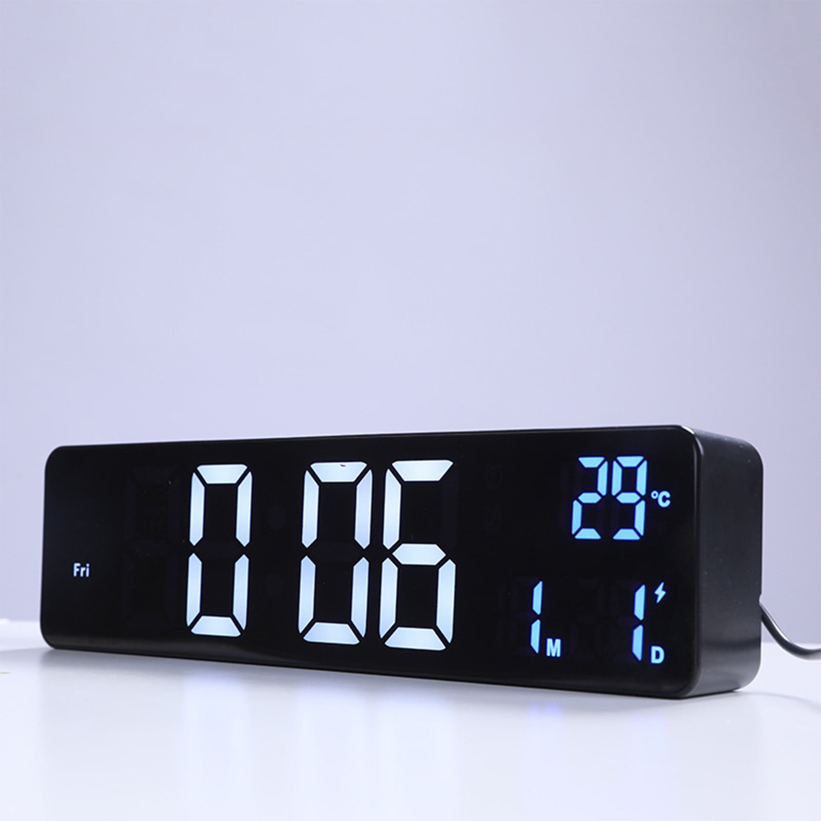Foqnuq Large LED Digital Clock Alarm - Rechargeable Snooze Wall Clock - Date & Temperature Display - USB Powered - Perfect for Home & Office