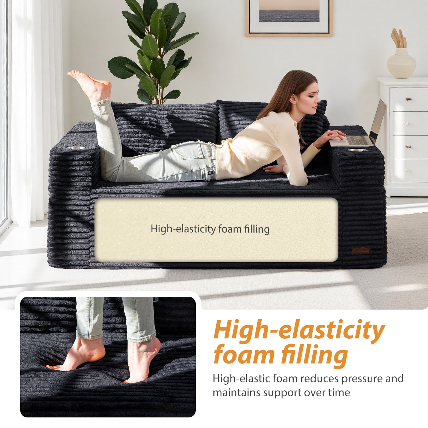 BYBYME 63" Corduroy Cloud Floor Sofa,Modular Comfy Small Cloud Couch for Small Spaces,Boneless Sofa for Living Room,No Assembly,Loveseat,Black