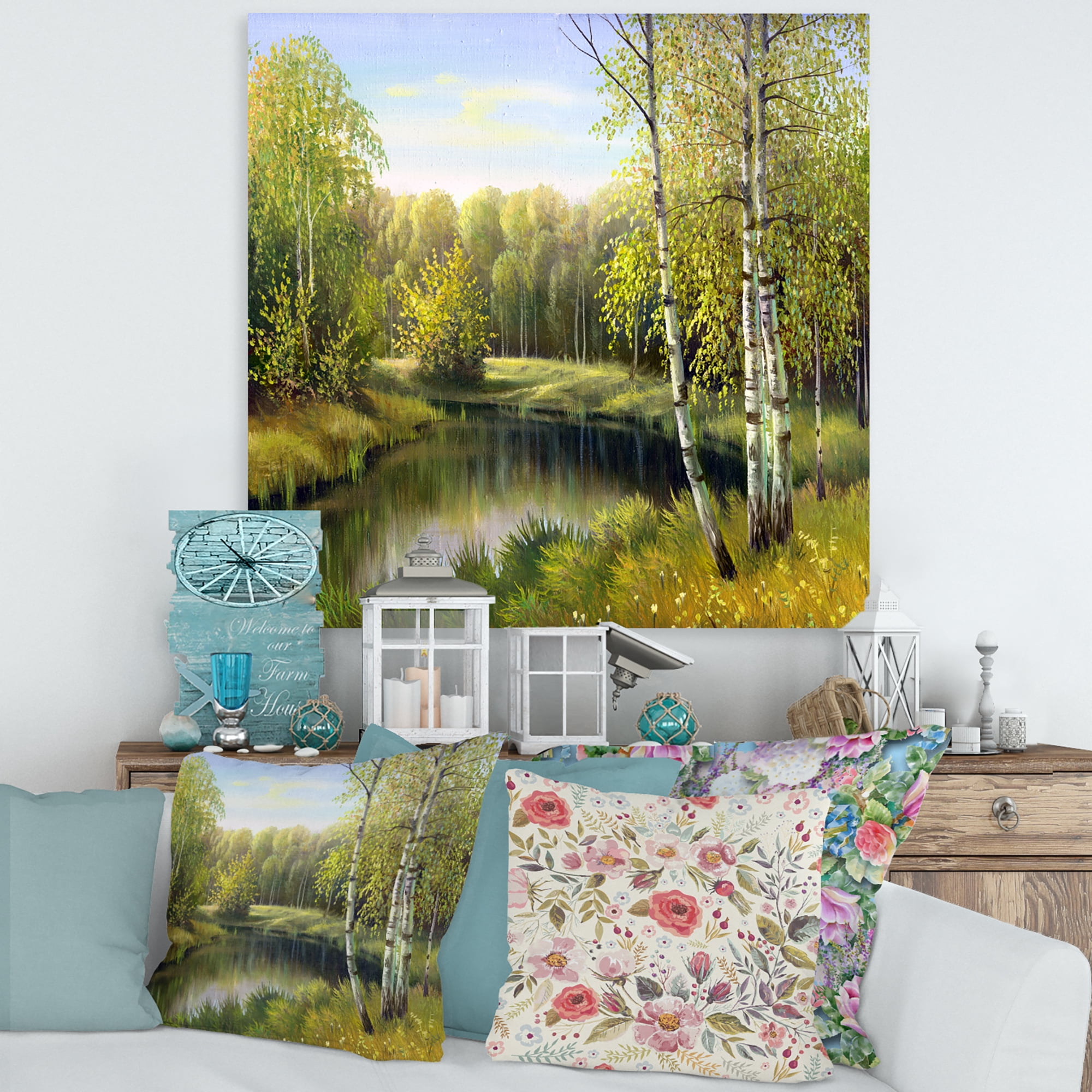 Designart ' The River In Silent Green Nature Through Birches ' Traditional Canvas Wall Art Print