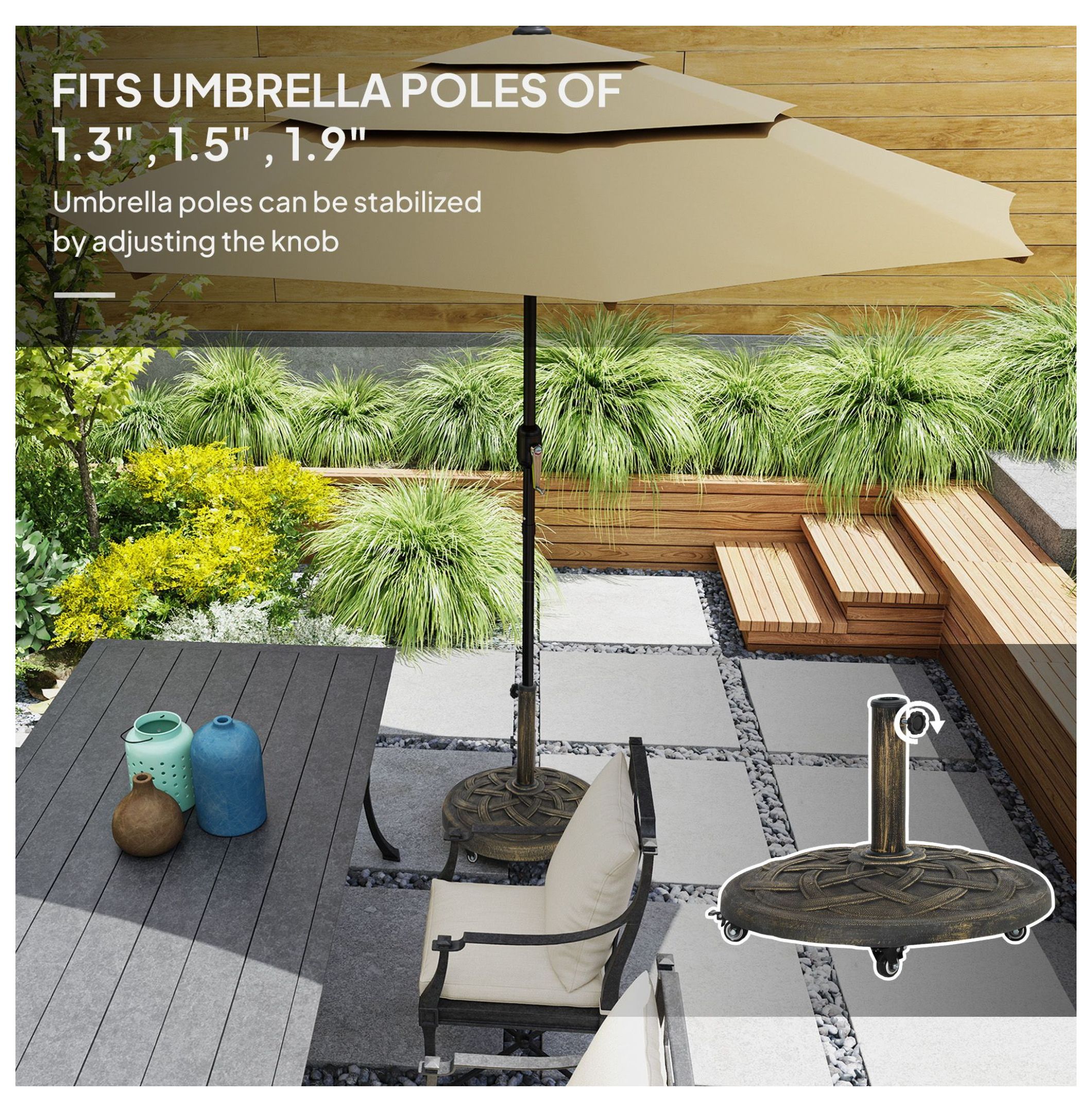Patio Umbrella Base with Wheels, 44lbs Resin Stand - Heavy Duty Outdoor Umbrella Holder for 1.3-1.9" Poles - Bronze