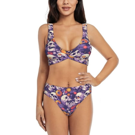 Zeuib music Skull record High Waisted Tummy Control Bikini Set - Knot Front Push Up Top & Cheeky Thong Bottom  Two-Piece Swimsuit for Women-Medium