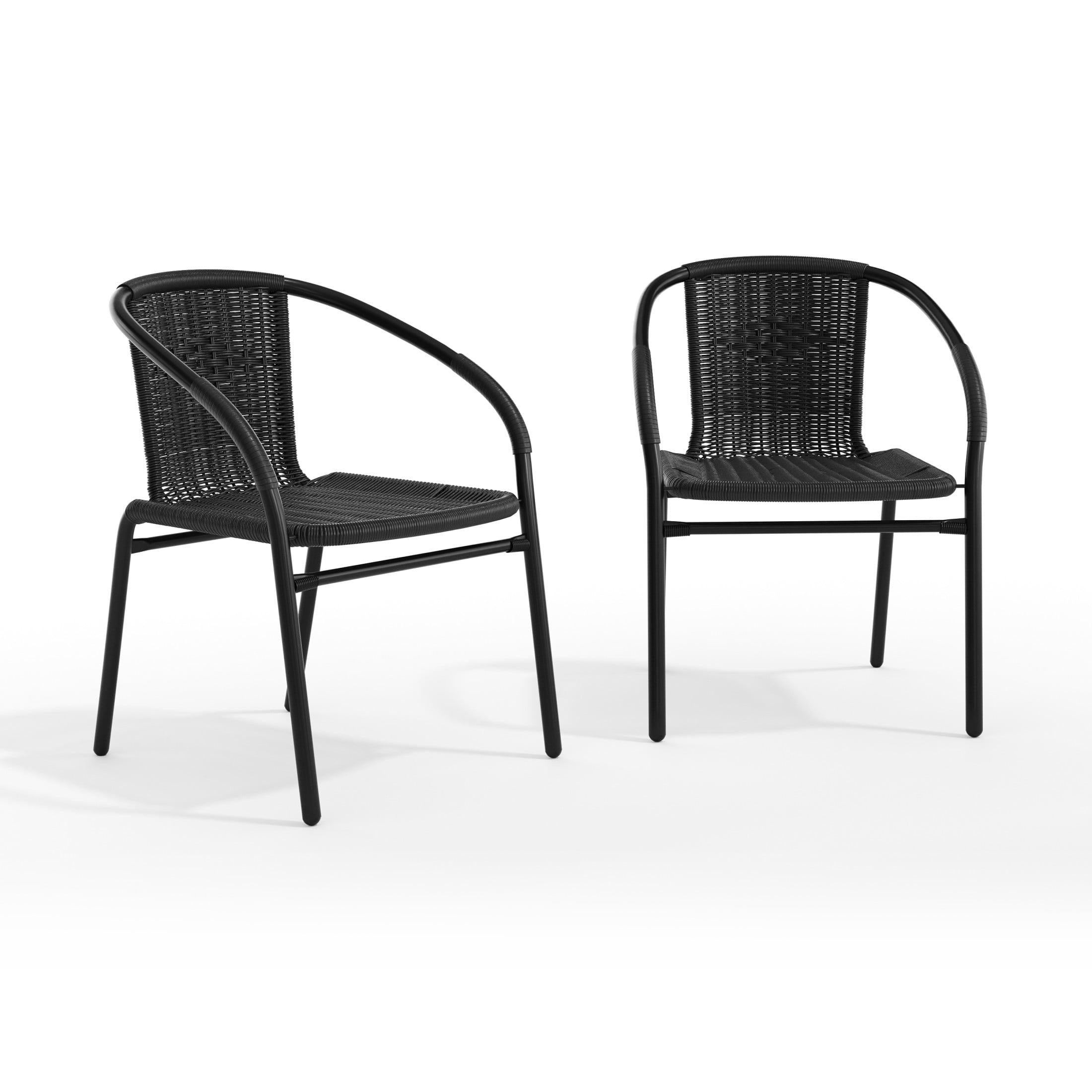 Emma + Oliver 2 Pack Black Rattan Indoor-Outdoor Restaurant Stack Chair with Curved Back
