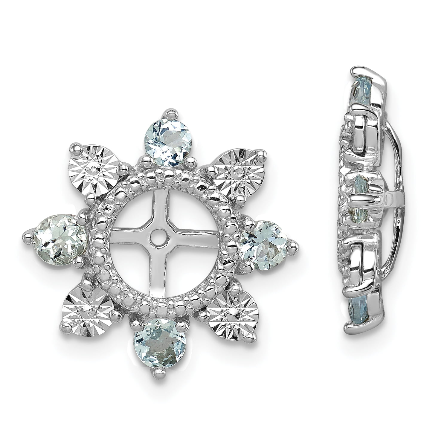 925 Sterling Silver Rhodium-plated Polished & Textured Black Sapphire & Aquamarine Earring Jacket