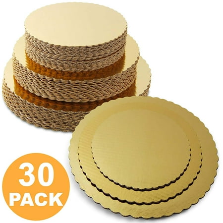 12 Inch Round Cake Plate - 8 10 12 Inches Round Tierd Cake Boards Combo - Cardboard Disposable Layered Cake Pizza Circle Scalloped Gold Stackable Tart Decorating Base Stand - 30 Pieces