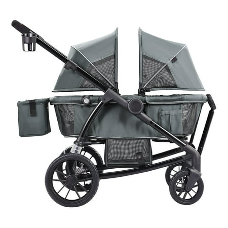 KFFKFF Multi-Terrain Wagon-Stroller Combo, Dual-Seating, Easy Fold Design with Sunshade, Storage Pouch, Beverage & Snack Tray, 55lbs Capacity per Seat, in Sleek Dark Grey/Black