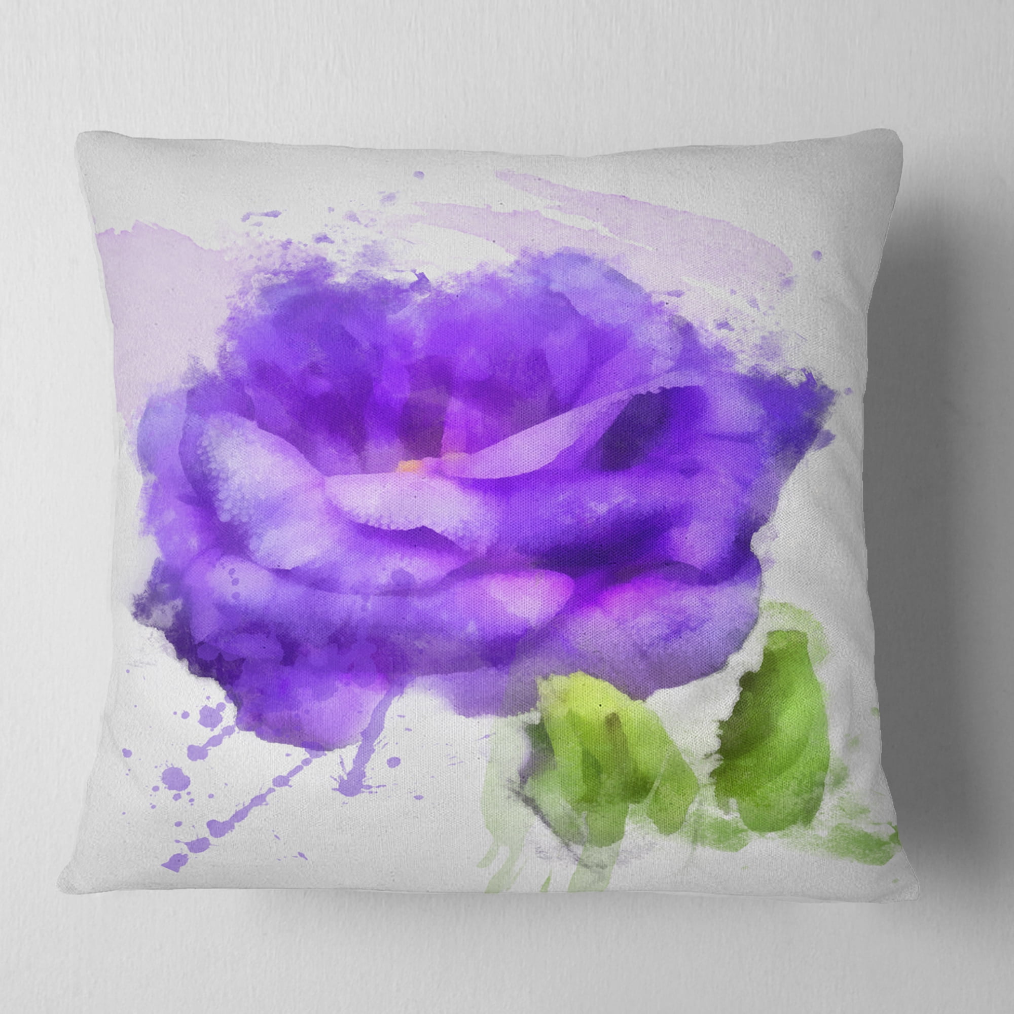 Designart Blue Rose Flower with Paint Splashes - Floral Throw Pillow - 16x16
