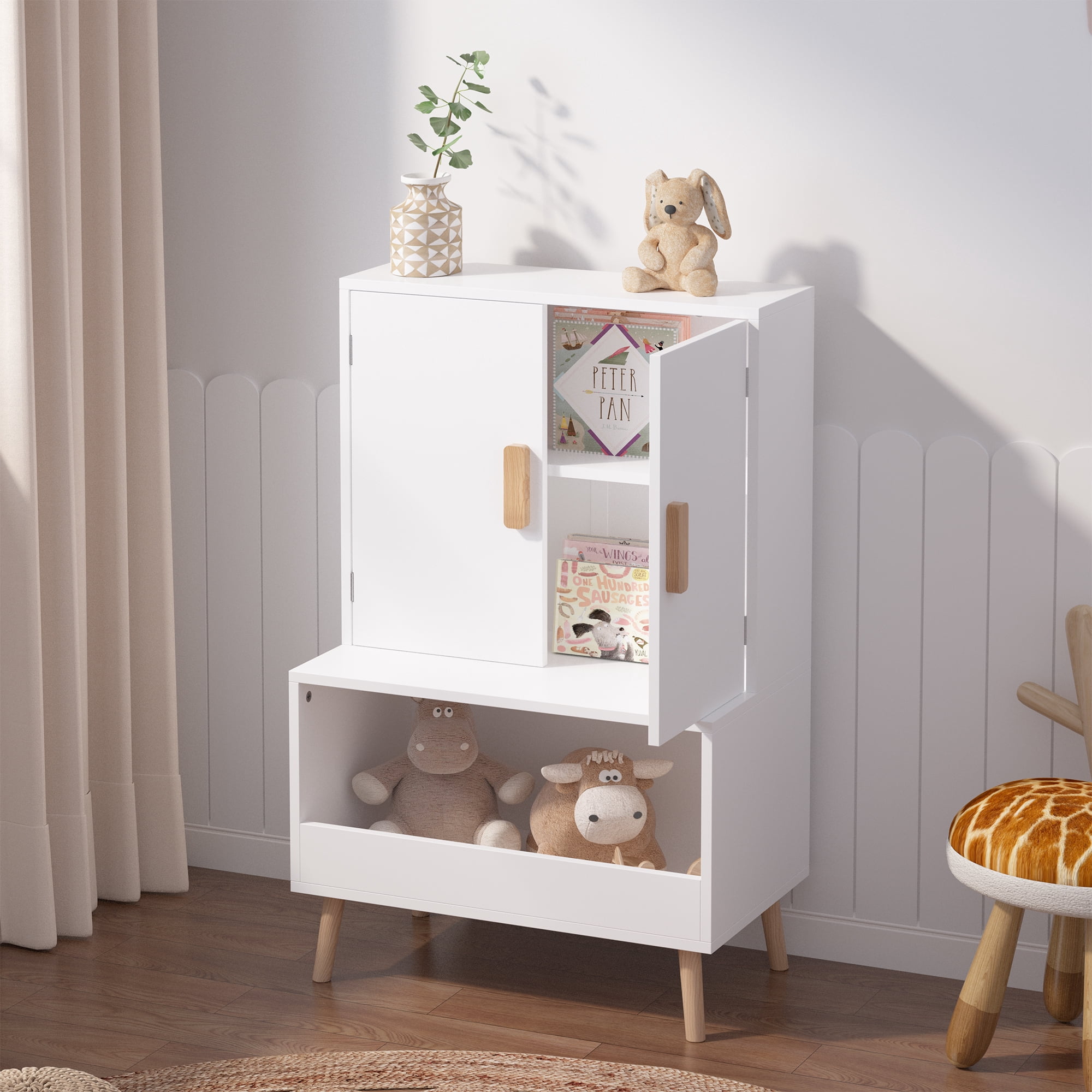 Toy Storage Cabinet with Doors and Open Shelf,Modern Wooden Storage Cabinet Bookcase Toy Storage for Playroom,Bedroom,White