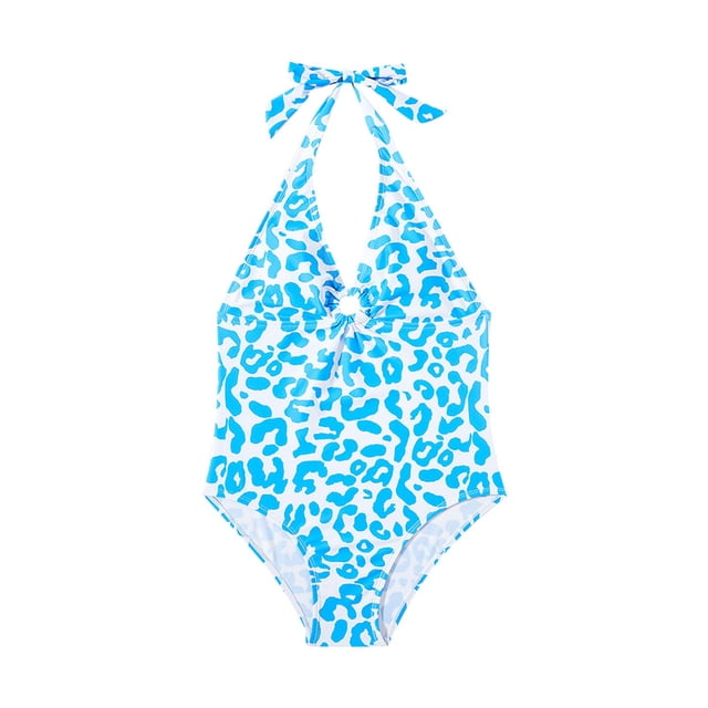 MIASHUI Big Kids Girls Swimsuit Hanging Neck Triangle Swimsuit Milk Leopard Pattern One Piece Blue,13-14 Years