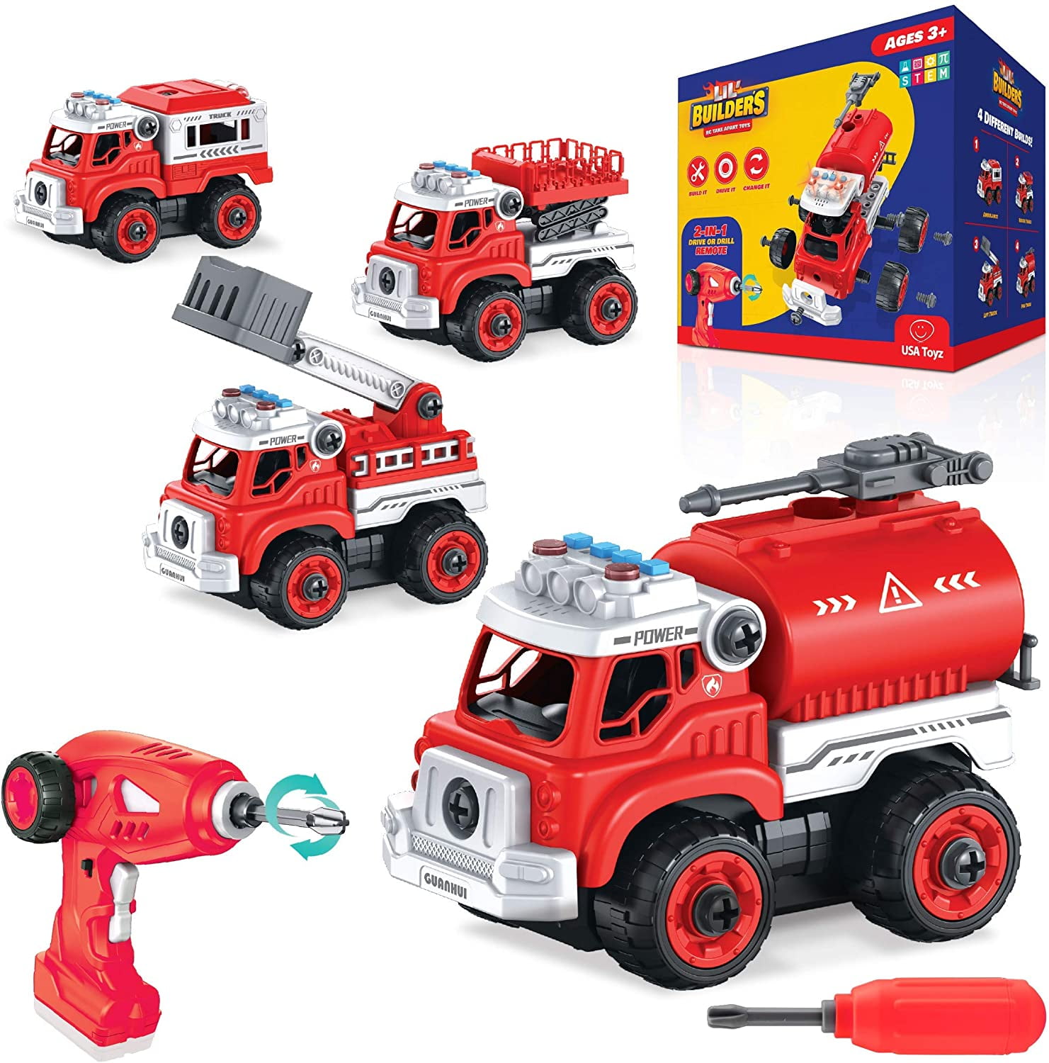 Usa Toyz Lil Builders Rc Fire Truck Building Toys For Kids 40 Piece Educational Toys 4 In 1 Remote Control Take Apart Stem Toys Build Your Own Fire And Rescue Toy Trucks With