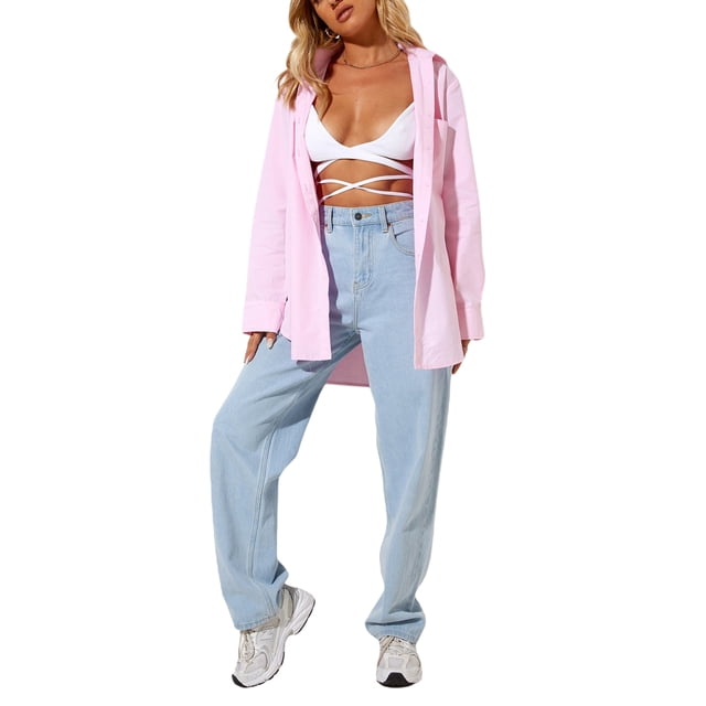 Women's Oversized Plaid Button Down Shirt Shacket Jacket Long Sleeve Casual Fall Outwear with Pockets