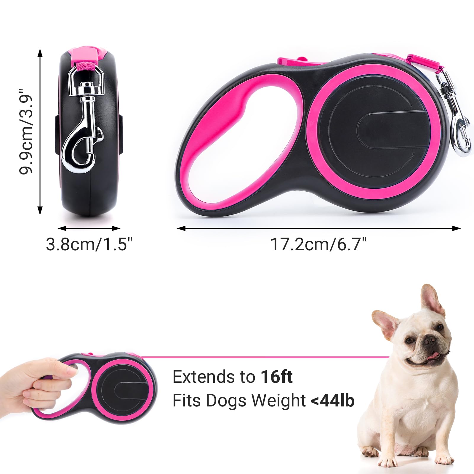 KUCASI Pink Retractable Dog Leash, 16ft Heavy Duty Walking Dog Leash for Medium Small Dogs up to 44lb, Anti-Slip Handle 360°Tangle-Free Nylon Tape, One-Handed One Button Lock and Release