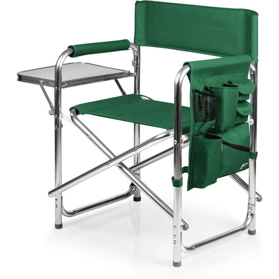 Sports Chair with Side Table, Outdoor Foldable Padded Adult Camping Chairs with Cup and Accessory Panel for Lawn, Beach, & Sports Use for Adults, up to 300-lbs Capacity, (Hunter Green)
