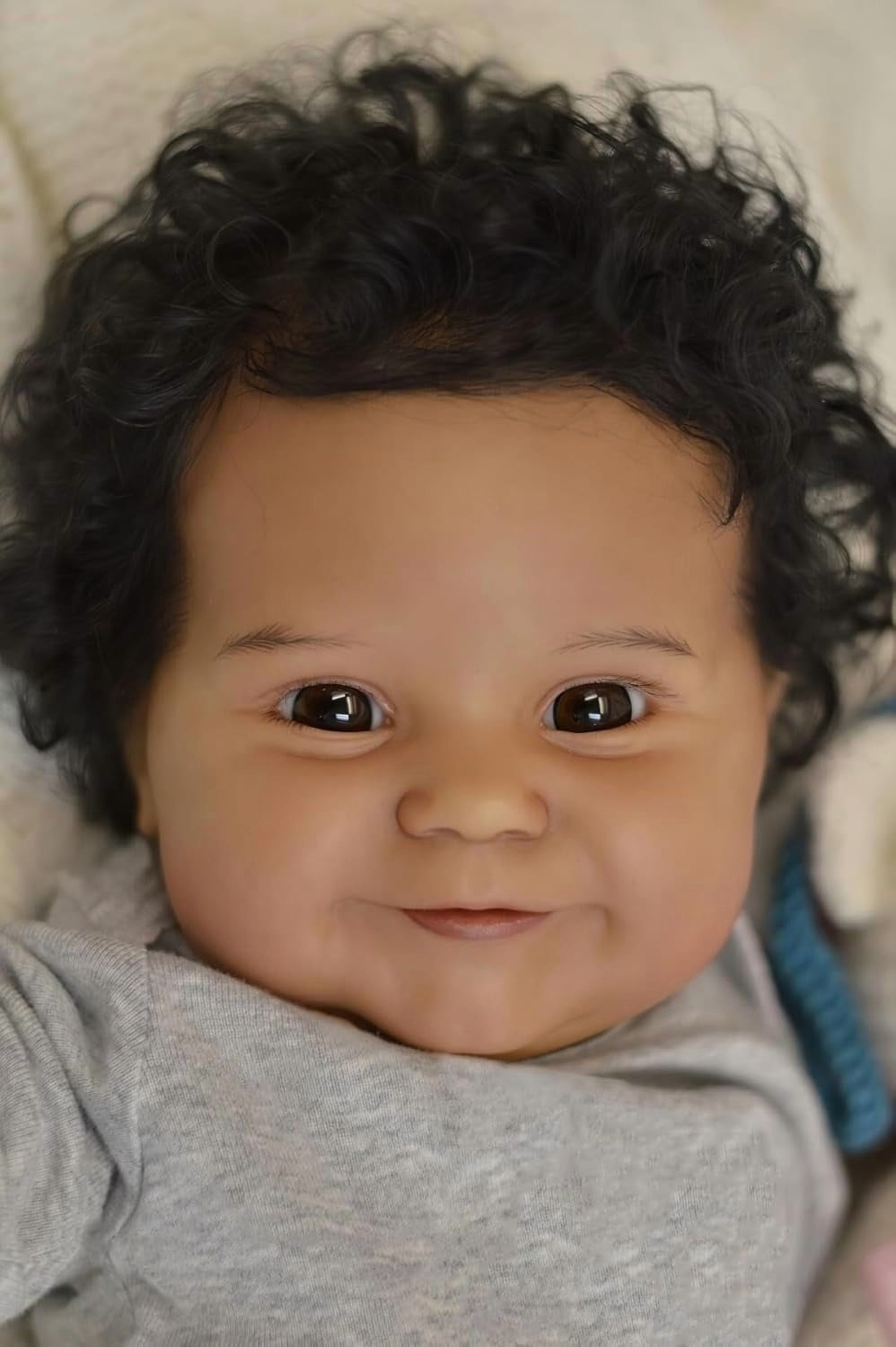 20 Inches Real Baby Size Sweet Smiling Rooted Curly Hair Lifelike African American Reborn Baby Doll Realistic Newborn Soft Cloth Body Dolls in Dark Brown Skin
