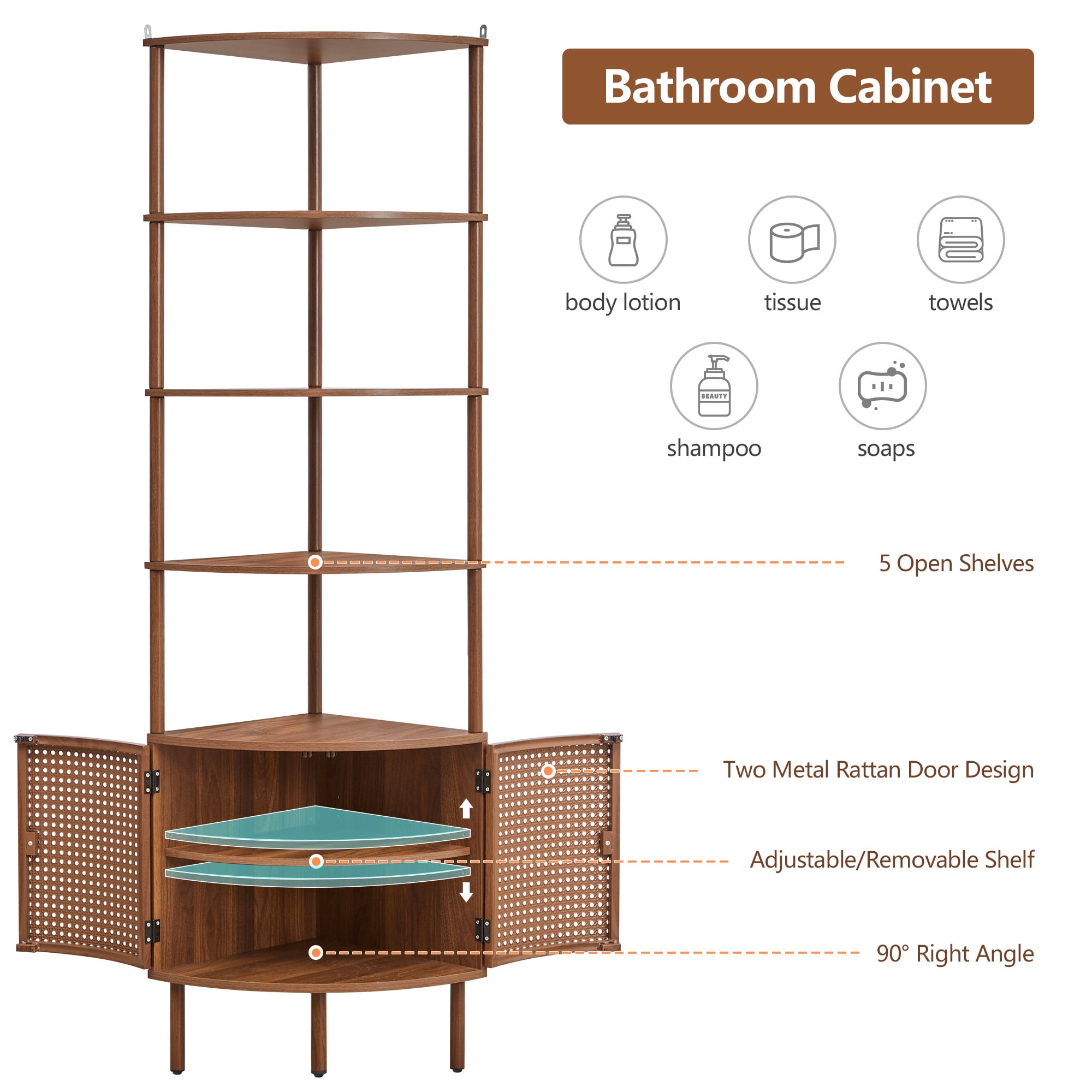 YOCWO 67" Tall Corner Bookshelf with 4-Tier Display Shelves and 2 Door Storage Cabinet, Metal Rattan Door Design, Walnut