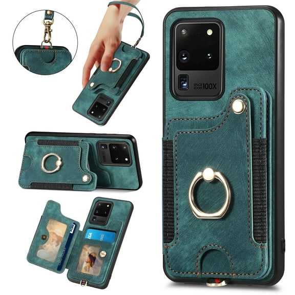 Allytech Galaxy S20 Ultra 5G Case Wallet, RFID Blocking Multiple Cards Slots Ring Holder Stand Shockproof Protective Hand Wrist Wallet Case Cover for Samsung Galaxy S20 Ultra - Green