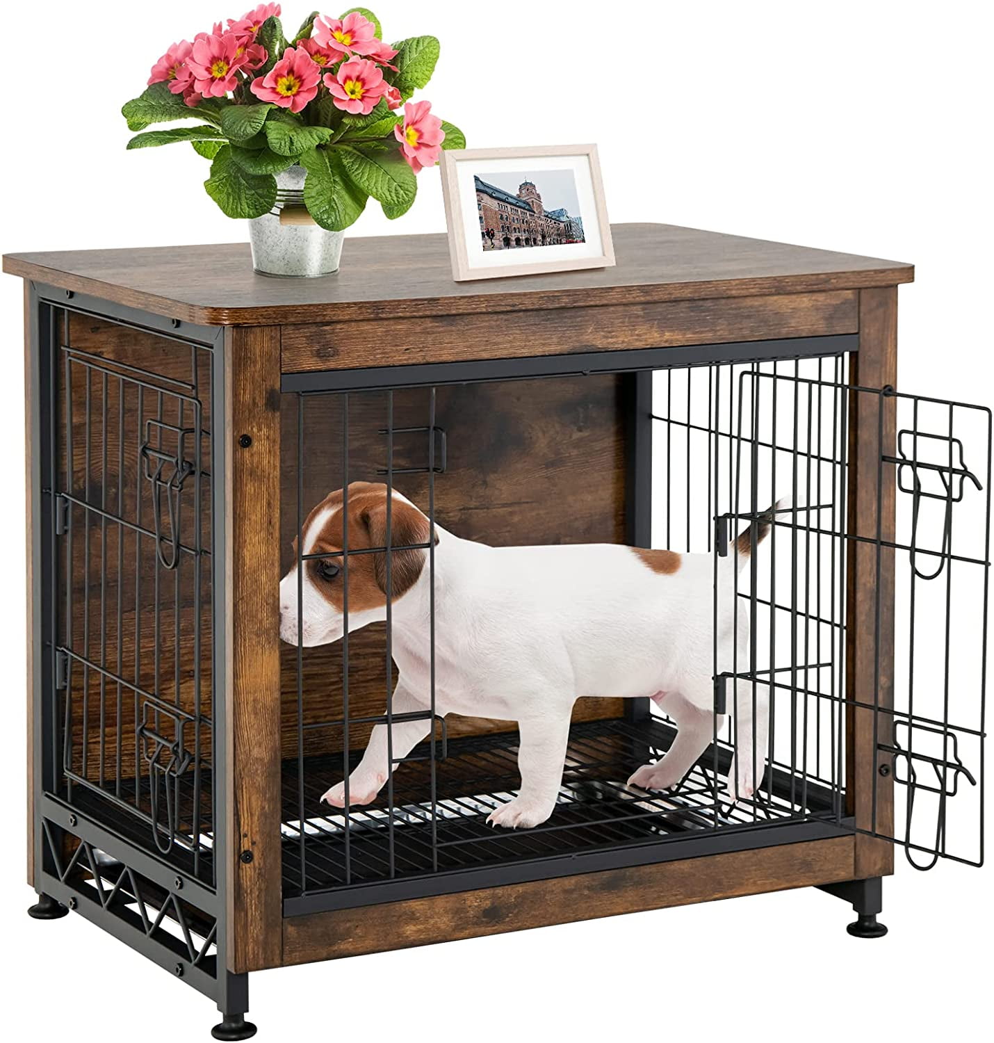 PENGRUITA Dog Crate Furniture Wooden Pet House Side End Table with Double  Doors Removable Tray for Small & Medium Dogs Indoor Dog Kennel Cage for  Living Room Rustic Brown 