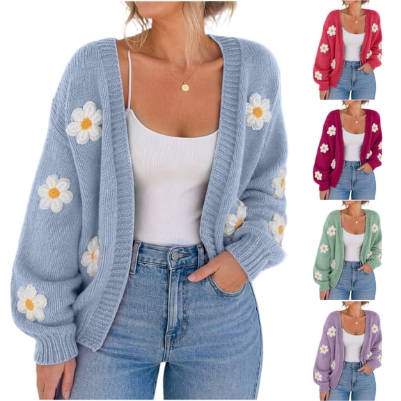 Lutiedan Knit Cardigans for Women Daisy Floral Open Front Cardigan Sweater Long Sleeve V Neck Fall Sweater Coats S-L