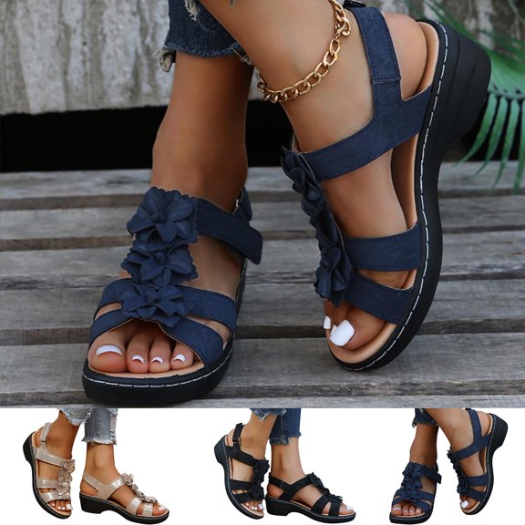Jacenvly 2024 New Summer Ladies Slippers Casual Women's Shoes Roman Casual Wedges Flower Sandals Black Sandals for Women