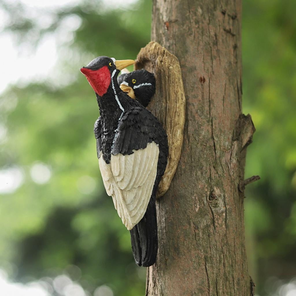 Yihuala Woodpecke Bird Figurines Realistic Birds Statue Tree Peeker Yard Art Sculpture Mom and Woodpecke Garden Statue
