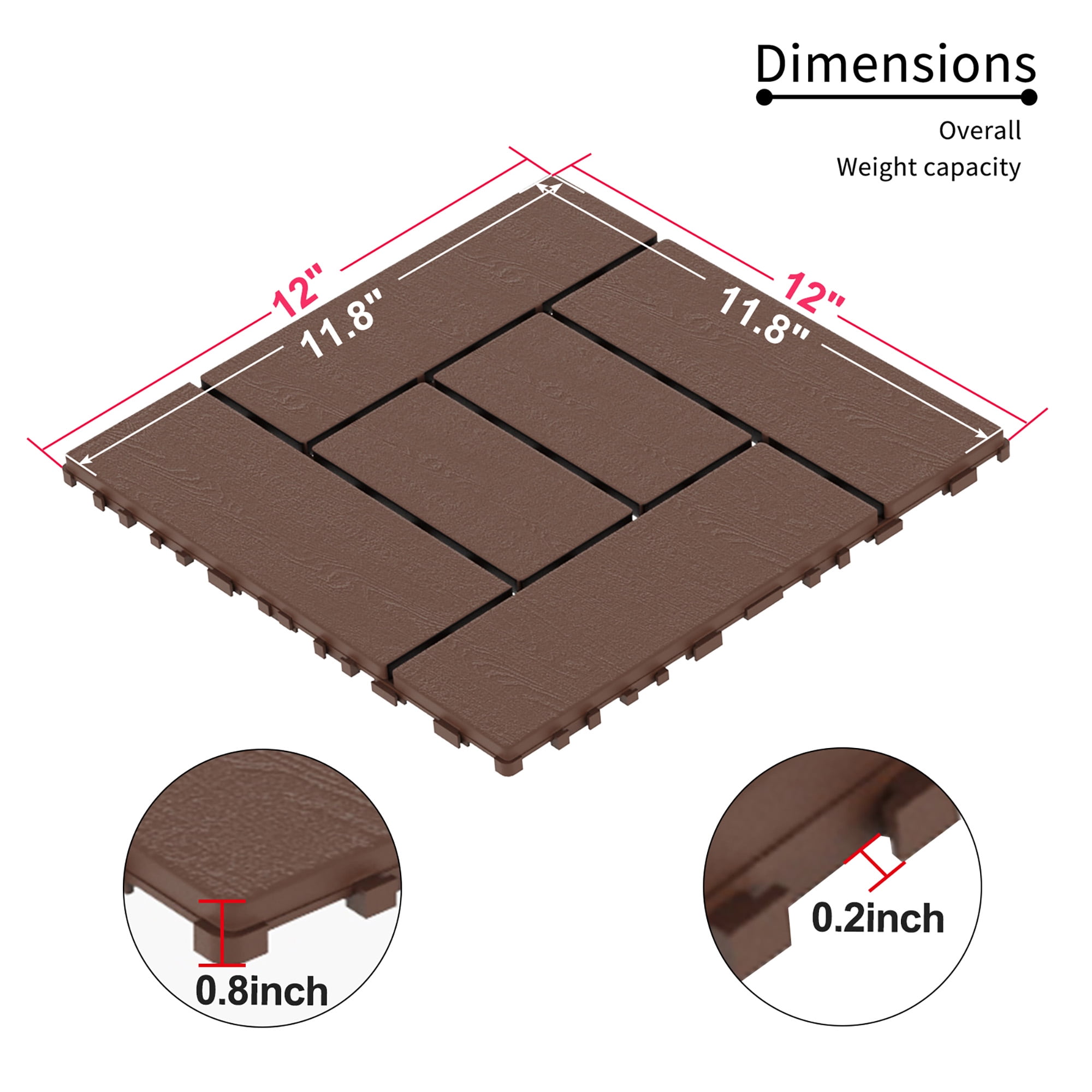 Alvantor Interlocking Deck Tiles, 44 Pack Plastic Flooring Tiles for Outdoor & Indoor,12"x12",Red+Brown