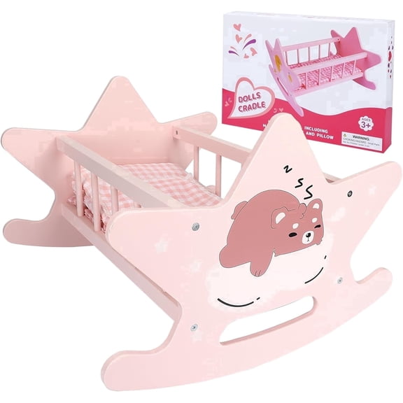 Fugocen Wooden Baby Doll Crib Set, Pink Baby Doll Bed Toys, Gift for Boys Girls Kids