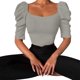 thumbnail image 1 of Camiseta informal con manga abombada y cuello redondo para mujer, camiseta ajustada acanalada de Color puro, Top gris S, 1 of 7
