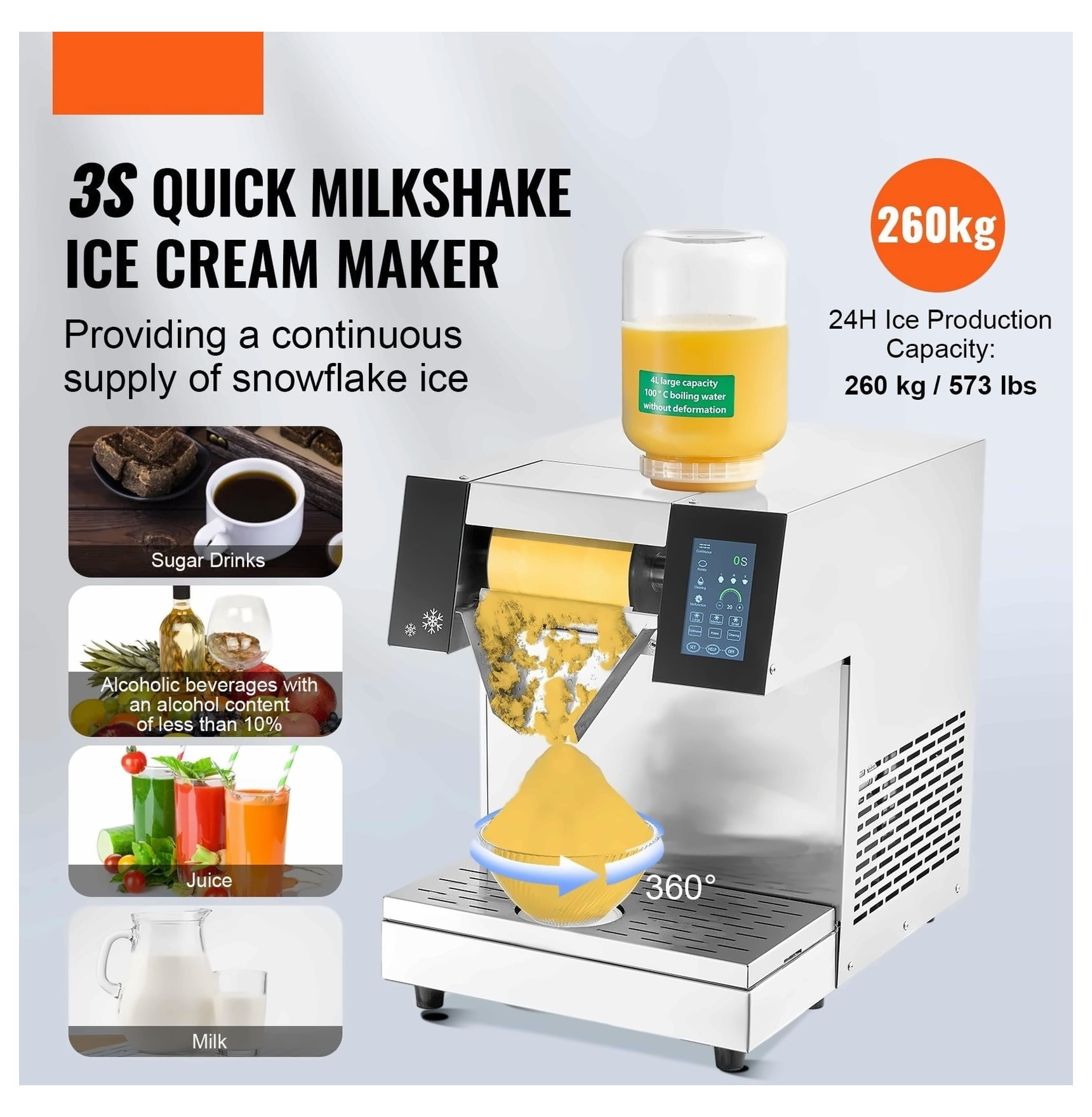 Commercial Ice Machine 573LBS/24H Stainless Steel Snowflake Maker for Ice Cream, Air-Cooled, 900W, 2 Baskets, Fast Cooling, Adjustable Ice Texture