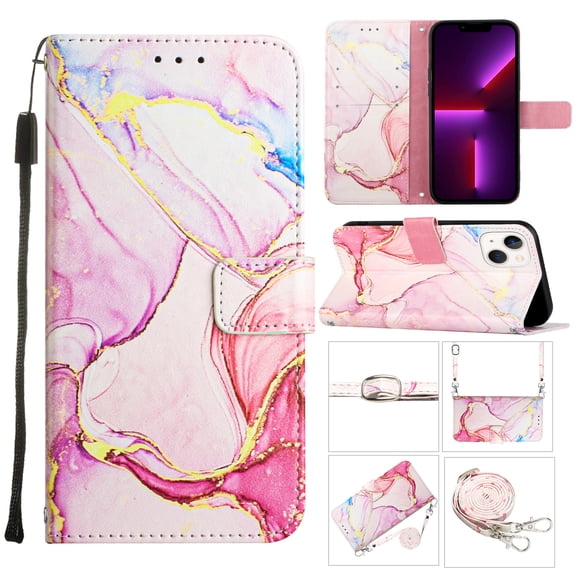 Crossbody Wallet Case for iPhone 14, Marble Pattern Luxury PU Leather Detachable Shoulder Strap Lanyard Magnetic Clasp Flip Cover with Card Slots Holder Kickstand Case, Rosegold Marble